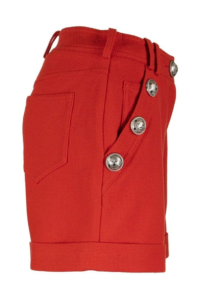 Shop Balmain Short Cotton Shorts With Buttons In Orange Red