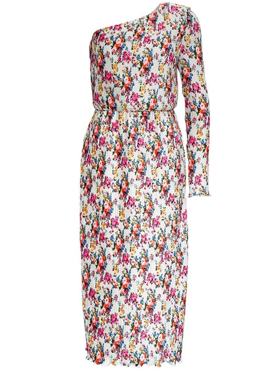 Shop Msgm Long Pleated Dress With Floral Print In Multicolor