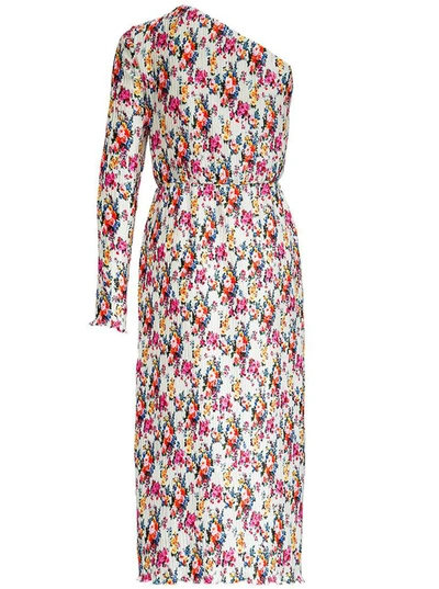Shop Msgm Long Pleated Dress With Floral Print In Multicolor