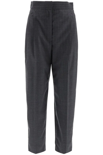 Shop Alexander Mcqueen Lurex Pinstripe Trousers In Grey Silver