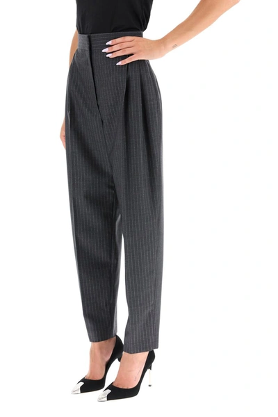 Shop Alexander Mcqueen Lurex Pinstripe Trousers In Grey Silver