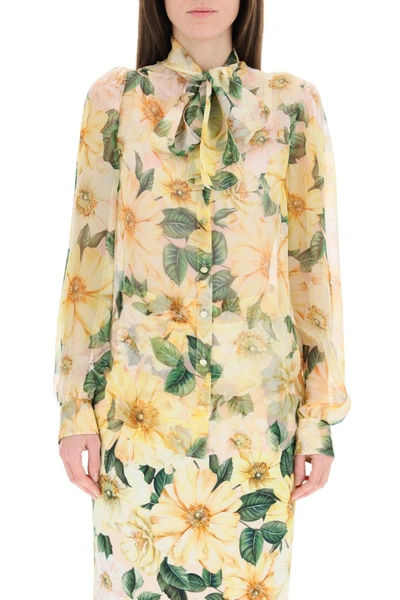 Shop Dolce & Gabbana Chiffon Shirt With Camelie Print In Camelie Bca F Rosa