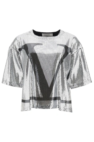 Shop Valentino Vlogo Sequin T-shirt In Argento Nero