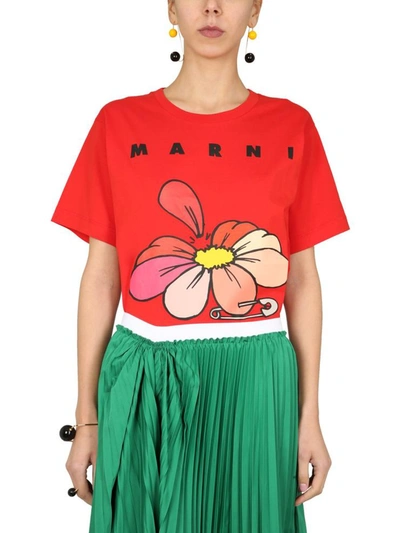 Shop Marni T-shirt With Flower Print In Red