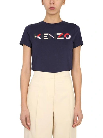 Shop Kenzo T-shirt With Logo Print In Blue