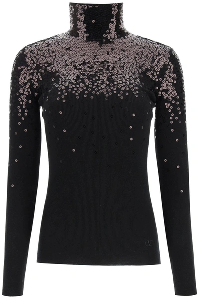 Shop Valentino Wool Turtleneck Sweater With Sequins In Nero