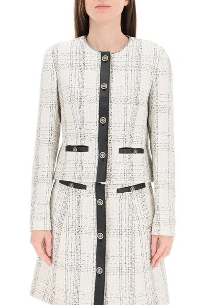 Shop Ferragamo Salvatore  Tweed And Leather Jacket In Bone Nero