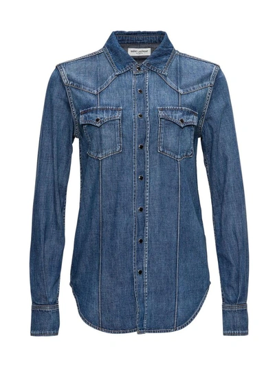 Shop Saint Laurent Western Shirt In Denim In Blu