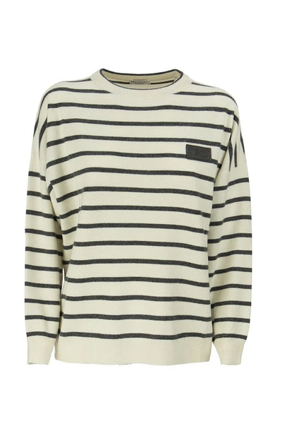 Shop Brunello Cucinelli Virgin Wool, Cashmere And Silk Striped Sweater With Precious Patch Lead