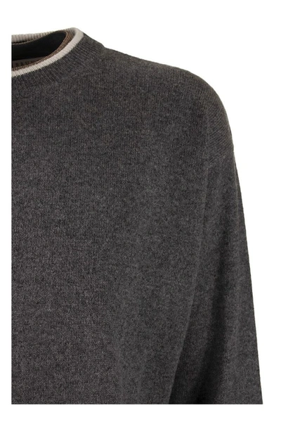Shop Brunello Cucinelli Crewneck Sweater Virgin Wool, Cashmere And Silk Sweater With Precious Faux-layeri In Lead