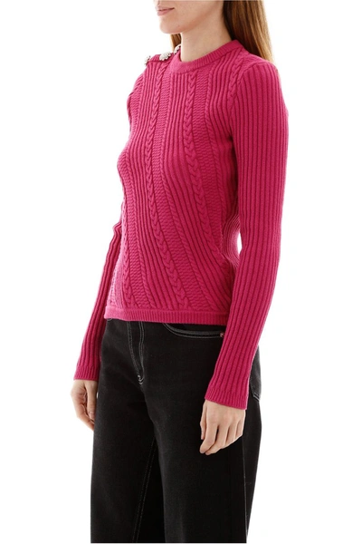 Shop Ganni Crystal Button Pullover In Fuchsia Red