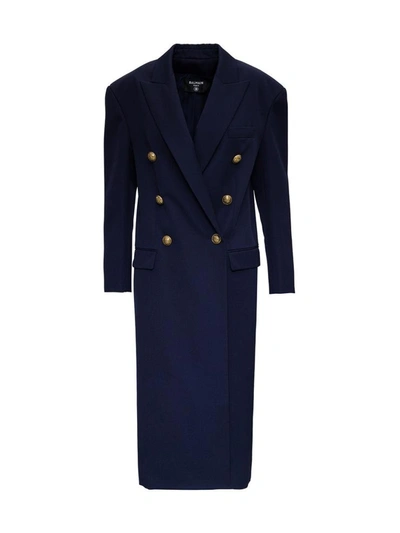 Shop Balmain Long Double-breasted Blue Wool Coat