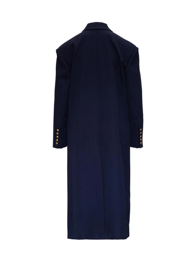 Shop Balmain Long Double-breasted Blue Wool Coat