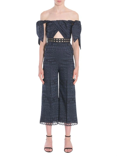 Shop Self-portrait Embroidered Jumpsuit In Blue