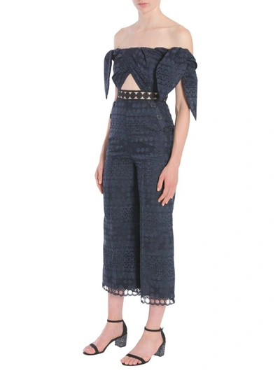 Shop Self-portrait Embroidered Jumpsuit In Blue