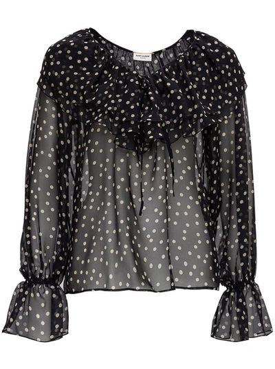 Shop Saint Laurent Polka Dot Silk Shirt With Ruffle Detail In Black