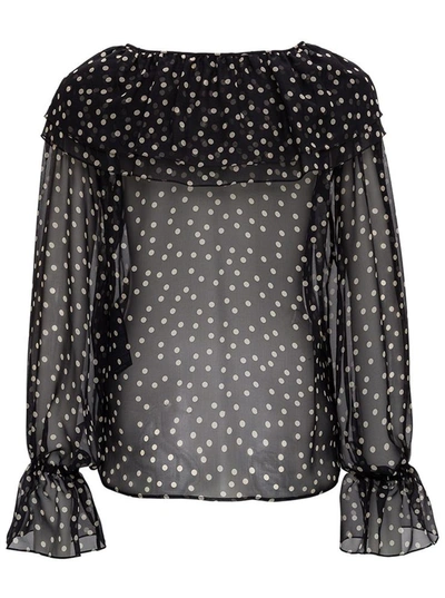 Shop Saint Laurent Polka Dot Silk Shirt With Ruffle Detail In Black