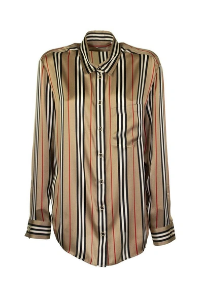 Shop Burberry Godwit - Icon Stripe Silk Shirt In Beige