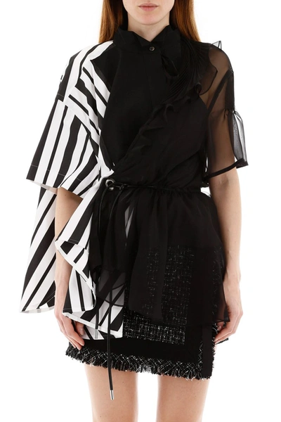 Shop Sacai Asymmetrical Shirt With Stripes And Chiffon In Black White 003