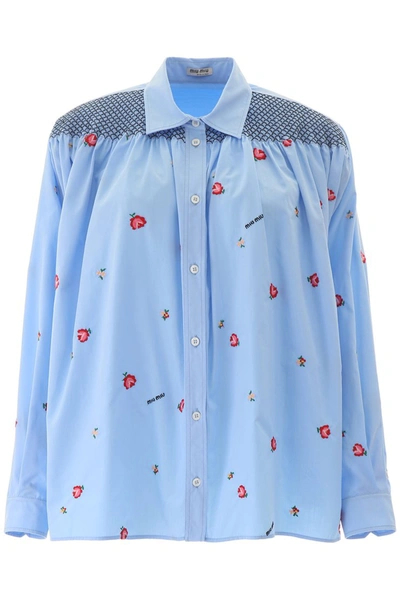 Shop Miu Miu Shirt With Embroidered Roses In Celeste