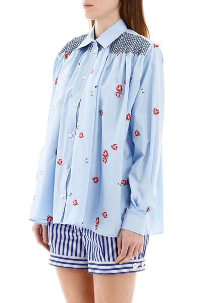 Shop Miu Miu Shirt With Embroidered Roses In Celeste