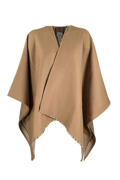 Shop Burberry Icon Stripe Detail Wool Cape In Flaxseed
