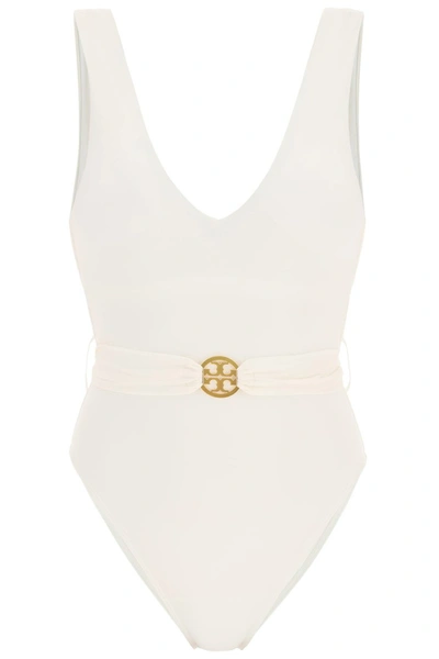 Shop Tory Burch Miller Plunge One-piece Swimsuit In New Ivory