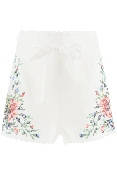 Shop Zimmermann Juliette Shorts With Embroideries In Ivory