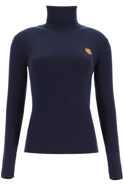 Shop Kenzo Turtleneck Sweater With Tigher Patch In Bleu Marine