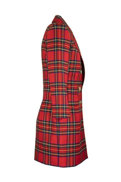 Shop Balmain Short Dress In Red Plaid Wool With Long Sleeves