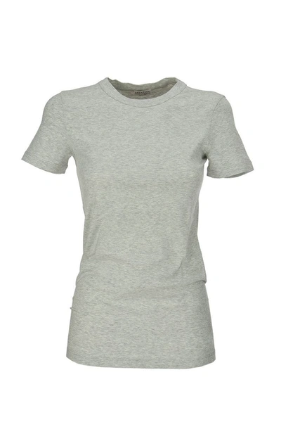 Shop Brunello Cucinelli Stretch Cotton Jersey T-shirt With Monili Light Grey