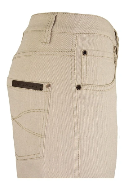 Shop Brunello Cucinelli Garment-dyed Straight Leg Trousers In Soft Denim With Shiny Selvedge In Beige