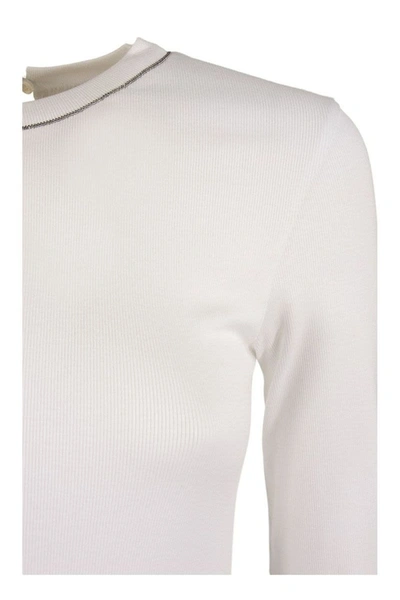 Shop Brunello Cucinelli Ribbed Stretch Cotton Jersey T-shirt With Monili In White