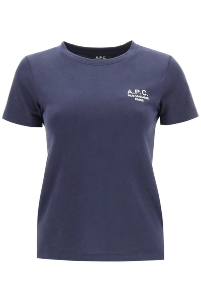 Shop Apc A.p.c. Denise T-shirt With Logo Embroidery In Dark Navy