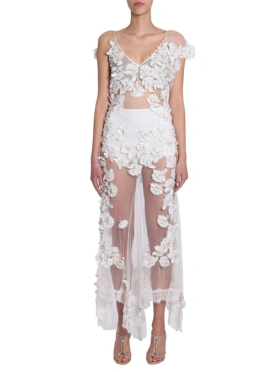 Shop Amen Long Dress With Applied Flowers In White