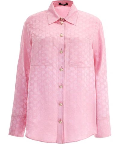 Shop Balmain All-over Logo Silk Shirt In Pink