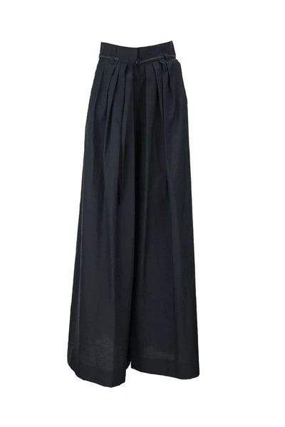 Shop Brunello Cucinelli Pleated Wide Leg Skirt Trousers With Precious Detail Belt Midnight Blue