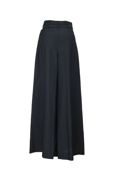 Shop Brunello Cucinelli Pleated Wide Leg Skirt Trousers With Precious Detail Belt Midnight Blue