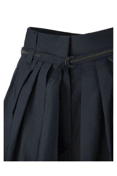 Shop Brunello Cucinelli Pleated Wide Leg Skirt Trousers With Precious Detail Belt Midnight Blue