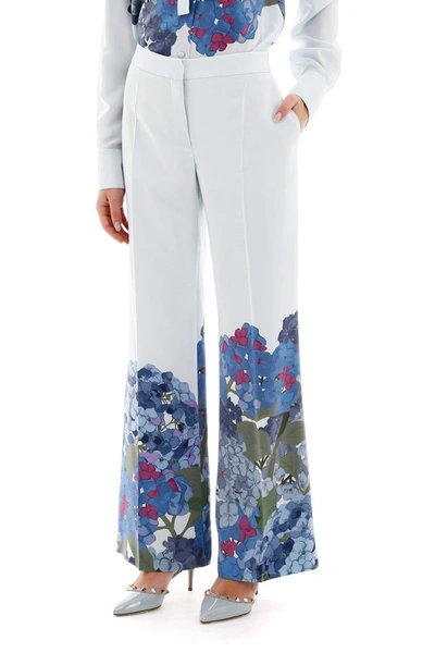 Valentino Macro Ortensia Printed Flared Trousers In Avorio Greece Blue