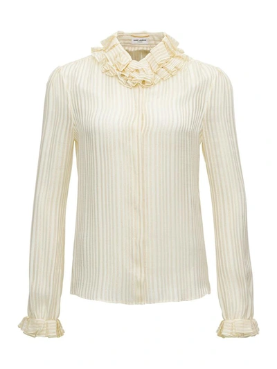 Shop Saint Laurent Striped Blouse With Stripes And Frills In White