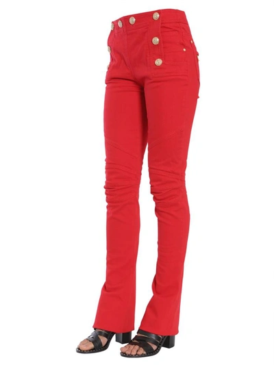 Shop Balmain Flare Biker Trousers In Red