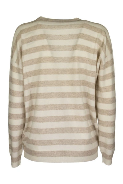 Shop Brunello Cucinelli V-neck Sweater Cashmere And Linen Striped Sweater With Monili In Lessive