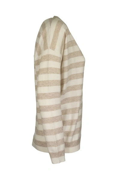 Shop Brunello Cucinelli V-neck Sweater Cashmere And Linen Striped Sweater With Monili In Lessive