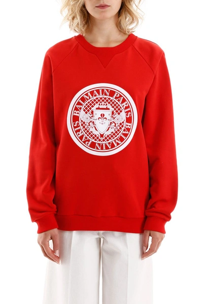 Shop Balmain Sweatshirt With Flocked Logo In Rouge Blanc