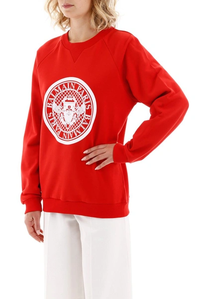 Shop Balmain Sweatshirt With Flocked Logo In Rouge Blanc