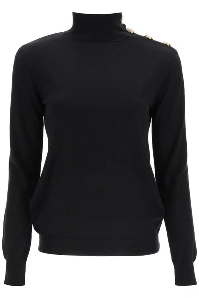 Shop Balmain Turtleneck With Golden Buttons In Noir