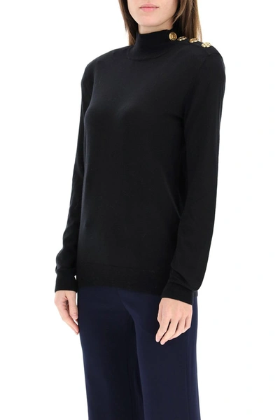 Shop Balmain Turtleneck With Golden Buttons In Noir