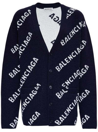 Shop Balenciaga Wool Cardigan With Allover Logo In Blu