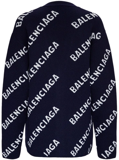 Shop Balenciaga Wool Cardigan With Allover Logo In Blu